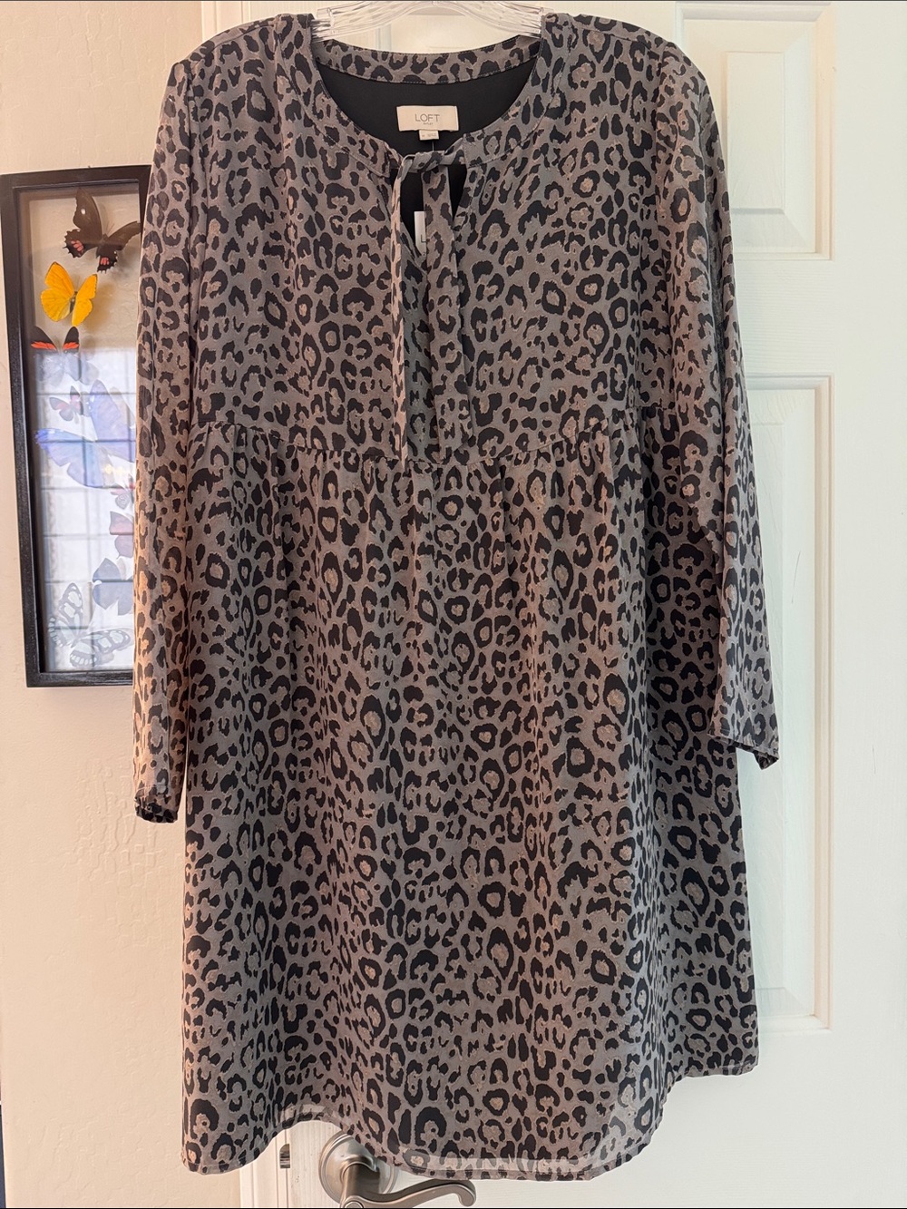 NWT LOFT Leopard Print Long Semi Sheer Sleeve Empire Waist Dress